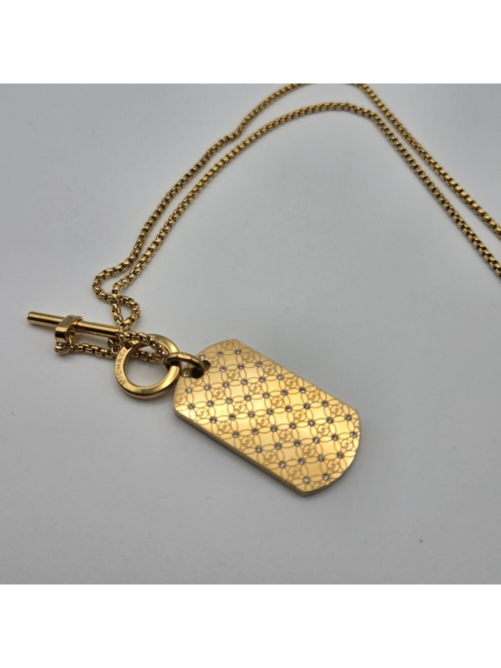 Gold-Tone Michael Kors Dog Tag Pendant Necklace Crystal Accents Toggle Clasp